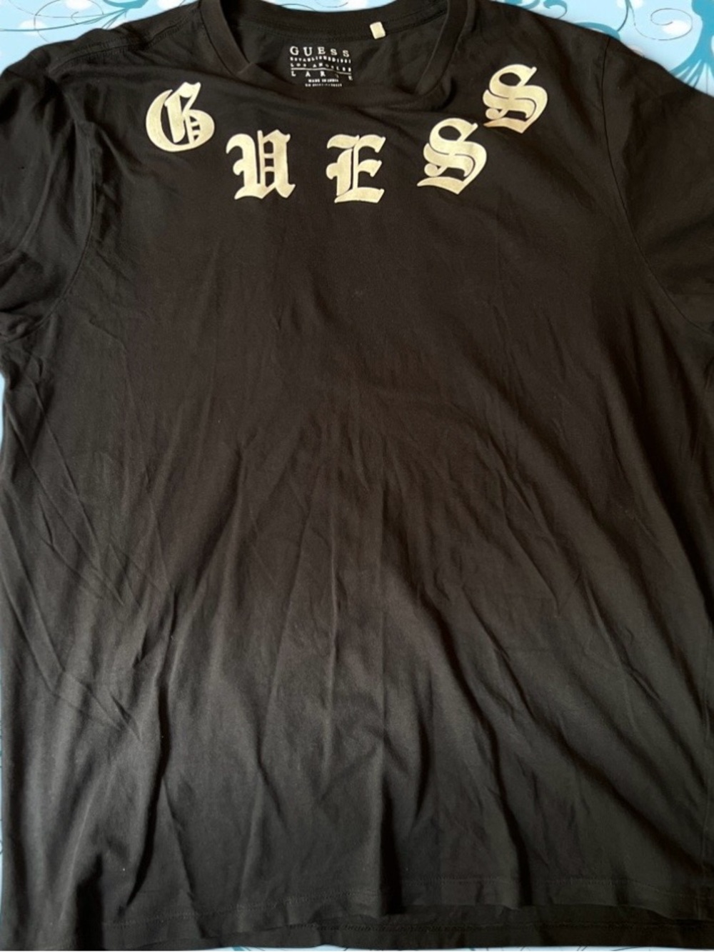 GUESS Black Crewneck T-Shirt with White Gothic Logo